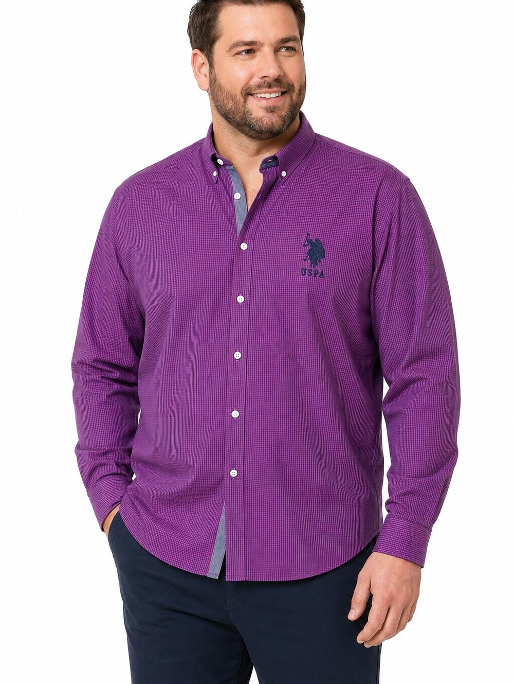 U.S. Polo Assn Men’s Purple Micro Check Button Shirt Big Logo - XL